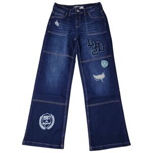 Limited Too Girls Decorative Patches Zip & Button Straight Leg Denim - Dark Wash